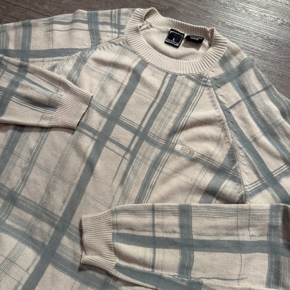 Vintage Oakley Sweater Men L Cream Gray Plaid Cotton Crew Neck Knit Pullover Y2K